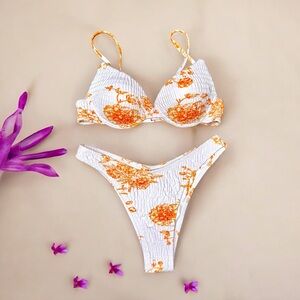 Floral Ruched Two Piece Bikini Set White Orange Tropical Shirred Cheeky Medium